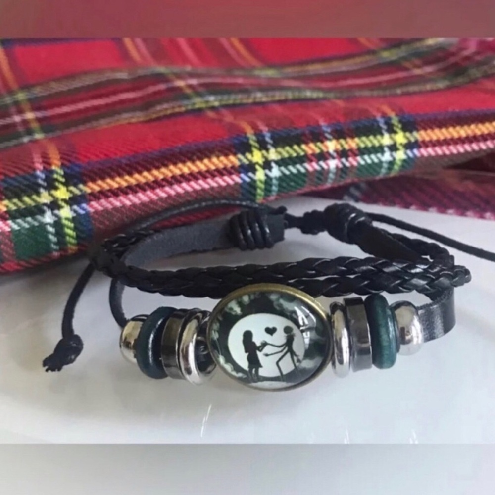 Black Braided Leather Adjustable Bracelet, Nightmare before Christmas